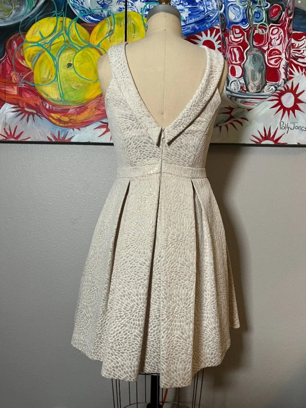 David's Bridal Ivory Metallic Jacquard Vintage Inspired Cocktail Dress
